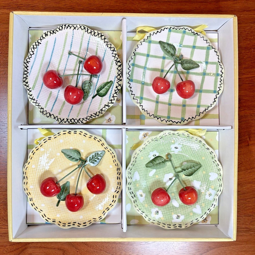 Set of 4 3D Cherry Pickin 4.5" Porcelain Decorative Wall Plates NEW